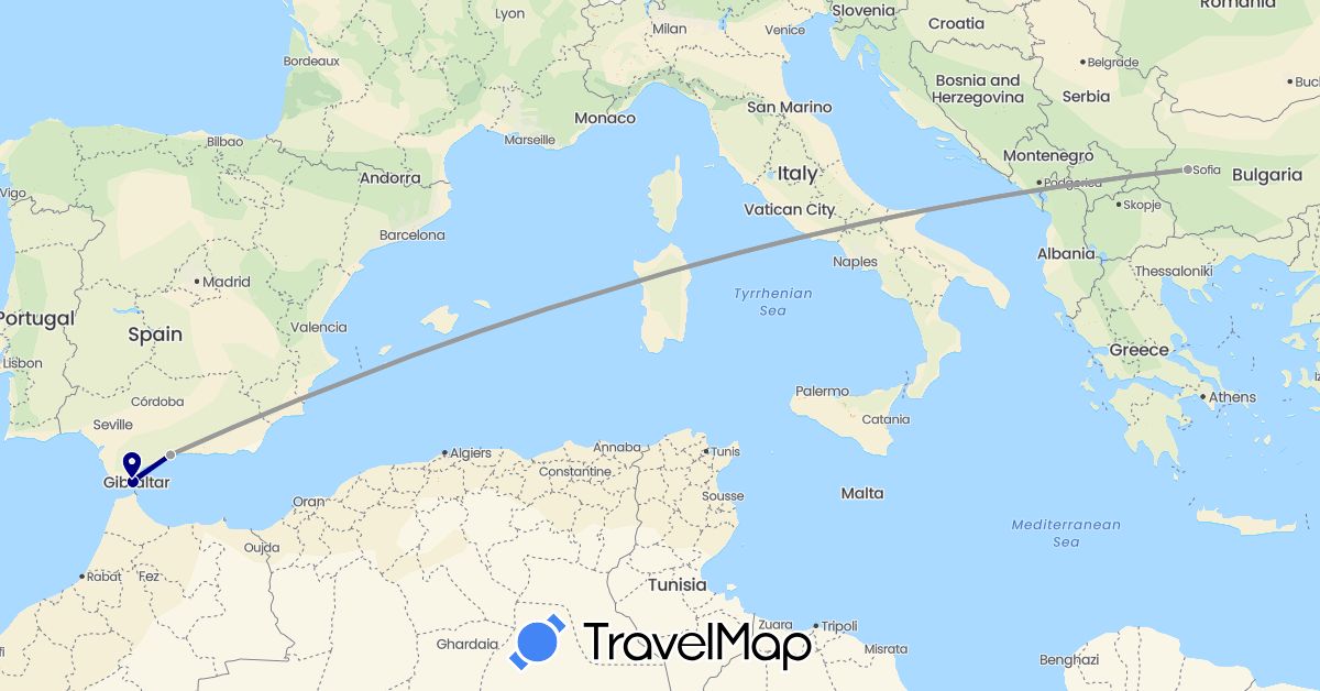 TravelMap itinerary: driving, plane in Bulgaria, Spain (Europe)